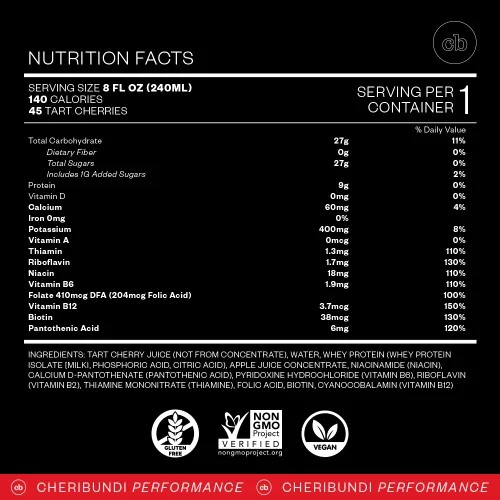 Miniatura 2 de Cheribundi PROTEIN Zumo de cereza ácida – Proteína de suero de jugo de cereza agria – Recuperación de entrenamiento de atleta profesional – Bebidas