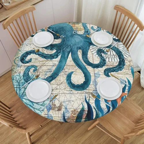 Miniatura 8 de Mantel ajustable con temática náutica con diseño de cangrejo, mapa de vida costero azul del océano, borde elástico, cubierta impermeable y lavable