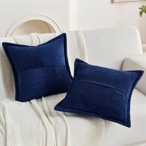 Miniatura 5 de HAUSSY Paquete de 2 fundas de almohada decorativas de pana de 22 x 22 pulgadas, color azul claro, fundas de cojín bohemias y naturales a rayas Azul