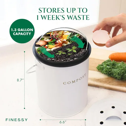 Miniatura 6 de Cubo de compost de 1.3 galones blanco para interior, sin olor, con tapa, para compostaje de residuos de alimentos, contenedor de cocina, contenedor