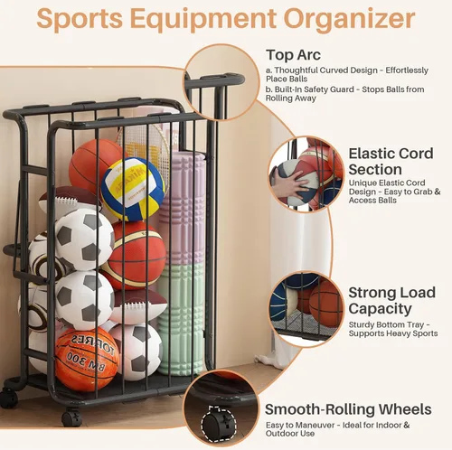 Miniatura 5 de Estante de almacenamiento grande para pelotas de garaje con ruedas, con asa, para baloncesto, fútbol, voleibol, garaje, gimnasio, color negro