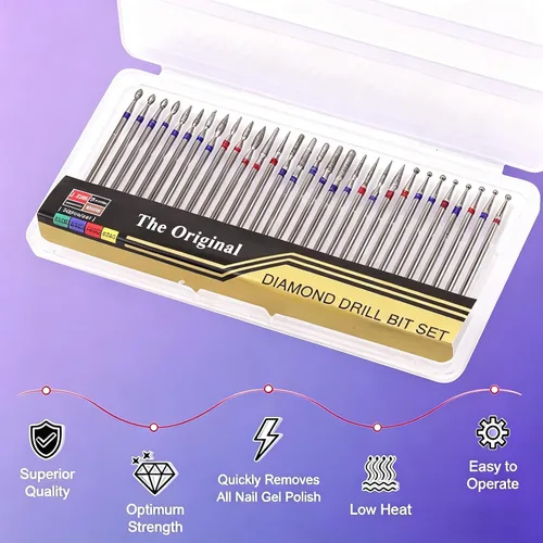 Miniatura 2 de Juego de 30 brocas para uñas: brocas de diamante de 3/32 pulgadas para preparación de uñas de gel acrílico, contiene cabezas