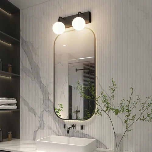 Miniatura 2 de Tipace Lámpara de tocador negra, 2 luces modernas sobre espejo con globo blanco leche blanca para baño (excluye bombilla)