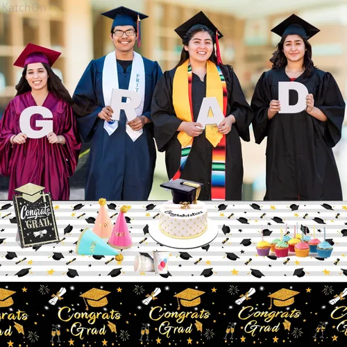 Miniatura 3 de KatchOn, Manteles de graduación en blanco y negro – 108 x 54 pulgadas, paquete de 3 con platos de graduación y servilletas 2023 – Paquete de 100