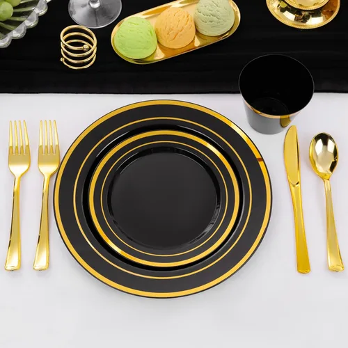 Miniatura 4 de WELLIFE Juego de vajilla desechable de 150 piezas, color negro y dorado, platos de plástico para fiestas, incluye 25 platos de ensalada, vasos