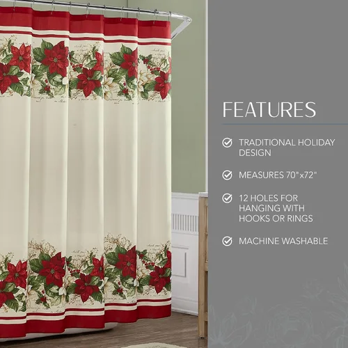 Miniatura 3 de Elrene Home Fashions - Cortina de ducha de tela de Navidad con flores de pascua rojas y blancas, 70 pulgadas x 72 pulgadas