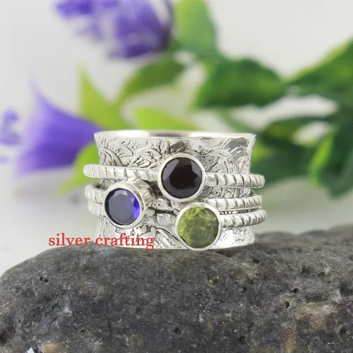 Miniatura 2 de Anillo giratorio de plata de ley con piedra preciosa de peridoto y granate