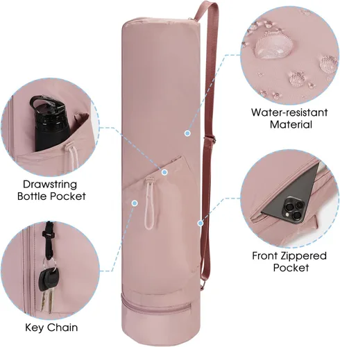 Miniatura 3 de sportsnew Bolsa para esterilla de yoga, bolsa de transporte para esterilla de yoga con cremallera completa con bolsillo para botella de agua con Rosa