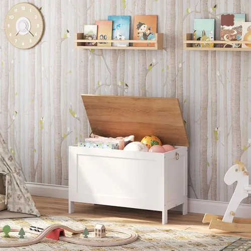 Miniatura 9 de HOOBRO Caja de juguetes, baúl de almacenamiento de aspecto de madera retro con bisagra de seguridad, banco de almacenamiento de entrada soporta 220