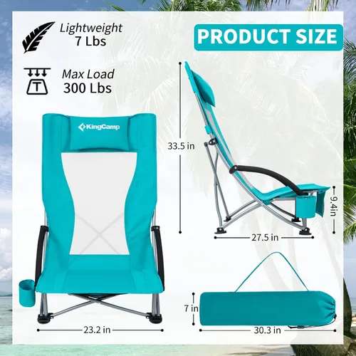 Miniatura 2 de KingCamp Paquete de 2 sillas de playa ligeras y plegables con respaldo alto con soporte para tazas, bolsa de almohada para acampar al aire libre