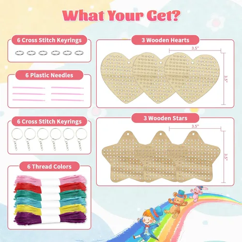 Miniatura 2 de Kits de punto de cruz de madera VKPI para niños, haz tus propios 6 llaveros de punto de cruz, kit de costura de madera, estrellas de manualidades