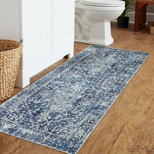 Miniatura 8 de Morebes Alfombra Bohemia Azul para Baño 2x4.3 pies, Alfombra de Pasillo Lavable Antideslizante Tapete de Baño Suave, Alfombras de Piso