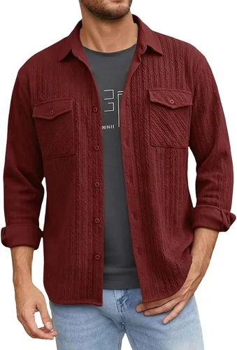 Miniatura 38 de Camisas con botones para hombre, casual, de manga larga, con cuello jacquard, texturizada, ligera, sobrecamisa, sobrecamisa
