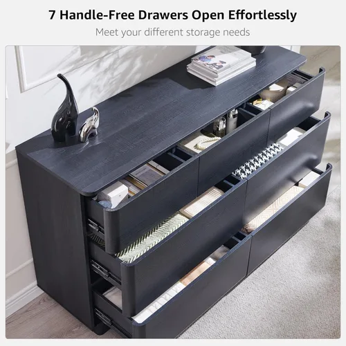 Miniatura 3 de JXQTLINGMU Cómoda de 7 cajones para dormitorio, cajonera moderna de empujar para abrir, gran almacenamiento de madera con perfil curvado y diseño