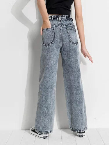 Miniatura 2 de Romwe Pantalones de mezclilla vintage de cintura alta y pierna recta para niña