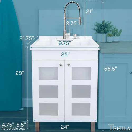 Miniatura 2 de JS Jackson Supplies - Fregadero blanco en tocador blanco, grifo de bobina desplegable de acero inoxidable, dispensador de jabón y armario espacioso