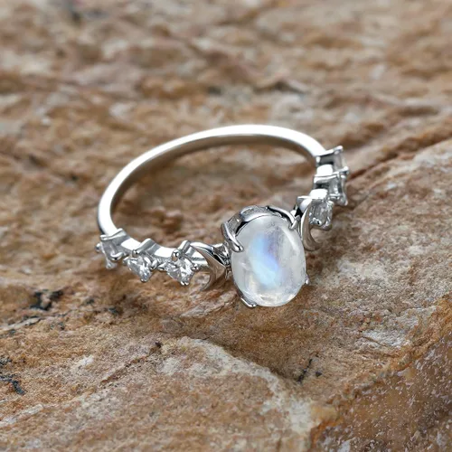 Miniatura 5 de Angol Anillo de piedra lunar auténtica de plata de ley, anillo de fase lunar, ovalado de piedra lunar, circonita cúbica, anillo minimalista