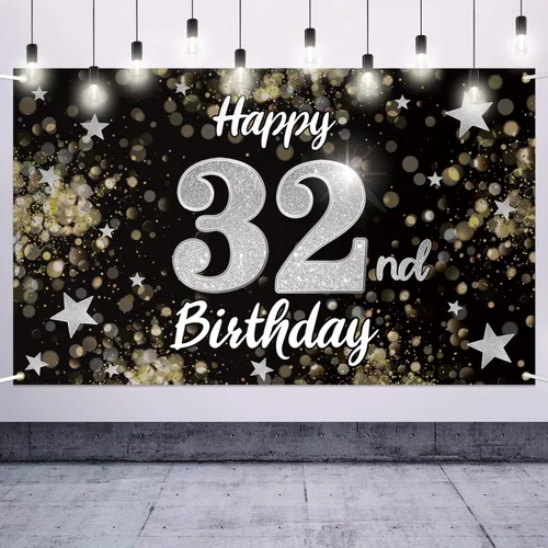 Miniatura 23 de Decoración de feliz cumpleaños 37, cartel grande de fondo de cumpleaños de 37 años con estrella de ensueño negro y plateado – Decoración de fiesta