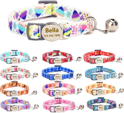Miniatura 19 de Collar de gato con nombre de identificación, placa de número de teléfono, patrón floral grabado personalizado, collar de gatito con campana, azul a