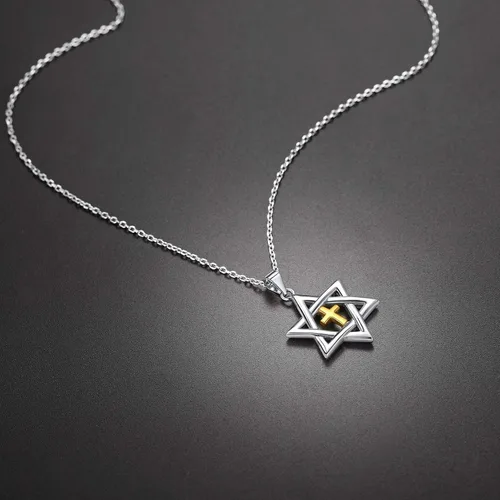 Miniatura 41 de U7 - Collar con Estrella de David para hombres y mujeres, dije hexagonal de acero inoxidable con cruz/piedra de rubí/collares clásicos judíos