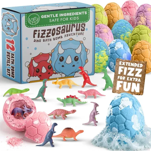 Miniatura 9 de Bombas de baño 100% naturales para niños con juguetes sorpresa en el interior con difusores de dinosaurios seguros para niños - Paquete de 12 bombas