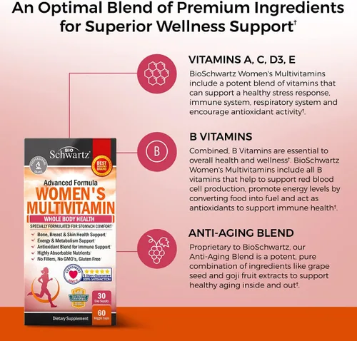 Miniatura 3 de Multivitamínico para mujeres con vitamina D3 - Multivitaminas para huesos, senos, piel, articulaciones y energía - Vitaminas para apoyo inmunitario