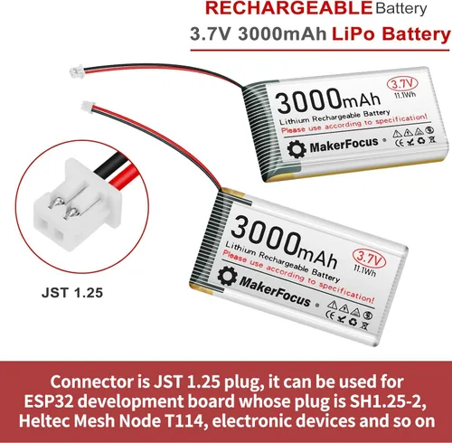 Miniatura 2 de 2 piezas 3.7V 3000mAh Batería recargable de polímero de litio 1S LiPo con placa de protección, cinta de goma aislante y conector JST 1.25 para placa