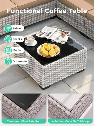 Miniatura 5 de Juego de sofá modular de mimbre de ratán para exteriores de 6 piezas, juego de muebles de patio de conversación de 5 asientos con cojines gruesos