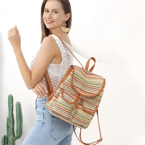 Miniatura 3 de Meyaus Mochila de paja hecha a mano para mujer, con solapa, cordón y cordón, Marrón claro, Mochilas Daypack