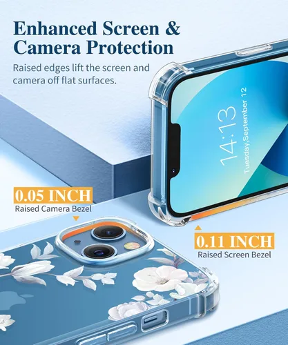 Miniatura 5 de GVIEWIN Funda diseñada para iPhone 13 de 6.1 pulgadas, con protector de pantalla de vidrio templado + protector de lente de cámara, flor Hibisco