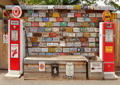 Telón de fondo vintage de 5 x 3 pies para gasolinera retro para placa de matrícula de gasolinera Matel para fotografía, carretera occidental,