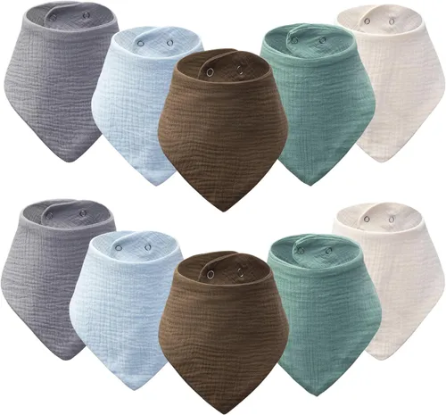 Miniatura 10 de Paquete de 10 baberos tipo bandana para bebé, baberos 100% algodón para niños y niñas, babero suave y absorbente para dentición para recién nacidos