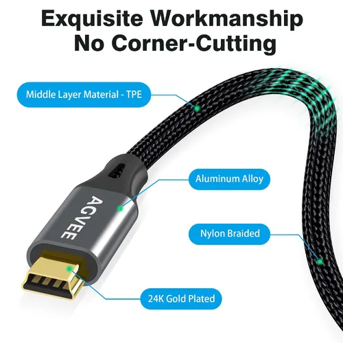 Miniatura 7 de AGVEE Paquete de 2 cables mini USB de 10 pies, cable de carga trenzado duradero USB-A a Mini-B para TI-84, Garmin GPS, Go-Pro Hero 4 3 2 HD