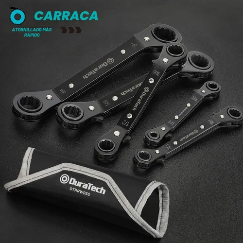 Miniatura 7 de DURATECH Juego de 5 llaves de trinquete reversibles de extremo de caja de doble desplazamiento, SAE, resistente, cromadas mate, llave de trinquete