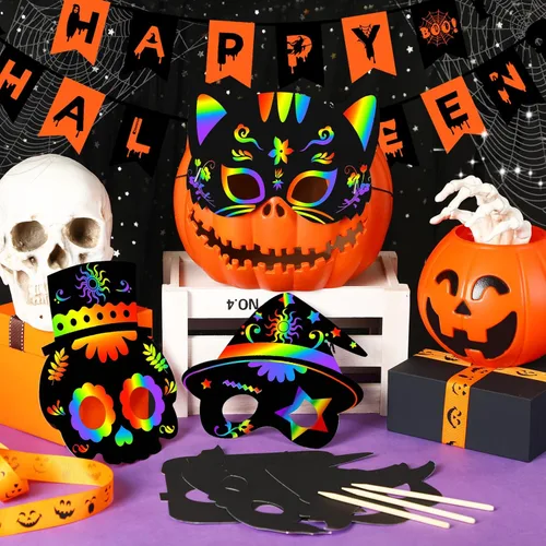 Miniatura 4 de AUGSUN Manualidades de Halloween, máscara de arañazos de arco iris para fiestas de Halloween, suministros mágicos de papel para rascar máscara