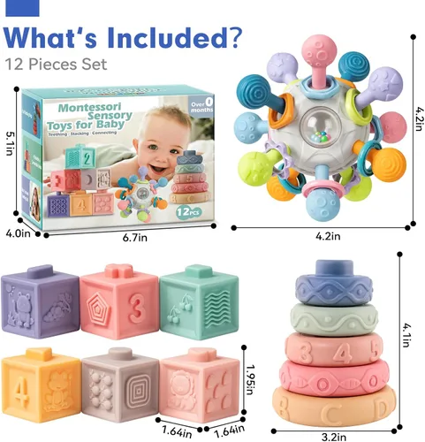 Miniatura 8 de SpringFlower Juguetes Montessori 3 en 1 para bebés de 0-3-6-12 meses, sonajero mordedor y bloques para bebés y anillos blandos apilables, juguetes