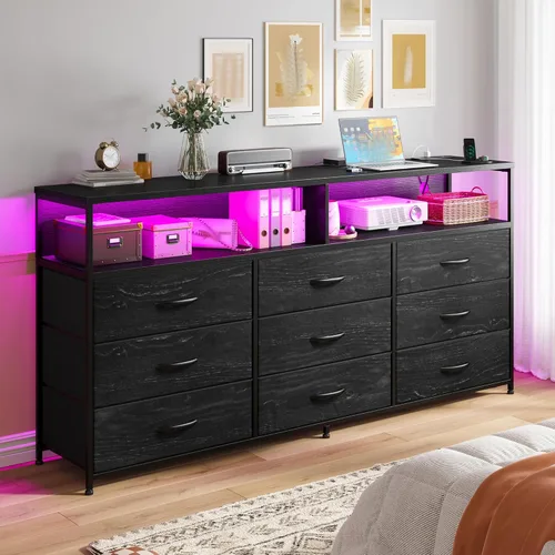 Miniatura 2 de Cómoda negra de 55 pulgadas de ancho para dormitorio con estación de carga y luz LED, soporte de TV de 65/55/50 pulgadas con 9 cajones de tela