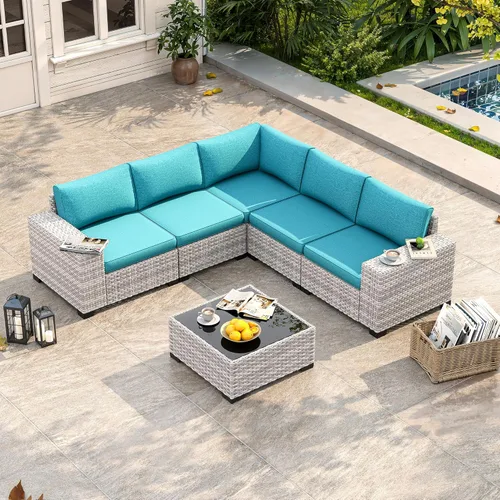 Miniatura 32 de Juego de muebles de mimbre para patio al aire libre de 3 piezas, sillas de patio giratorias mecedoras con respaldo alto con cojines gruesos de 4