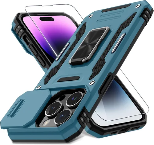 Miniatura 386 de DEERLAMN Funda para iPhone Xs Max con funda deslizante para cámara + protector de pantalla, soporte giratorio de anillo de grado militar a prueba