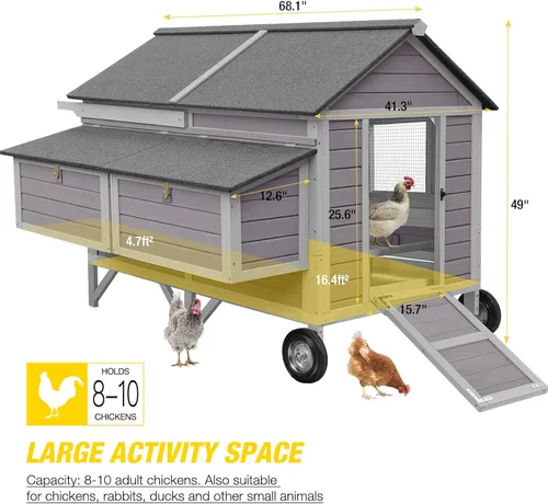 Miniatura 7 de Aivituvin Gallinero móvil de madera para gallinero con caja de anidación, jaula grande para aves de corral mejorada con marco de hierro fuerte