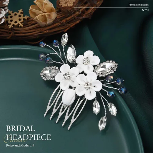 Miniatura 3 de Catery Peine para el cabello de boda con diseño de flores para novia, color plateado, pequeño peine lateral azul, accesorios de joyería para mujeres