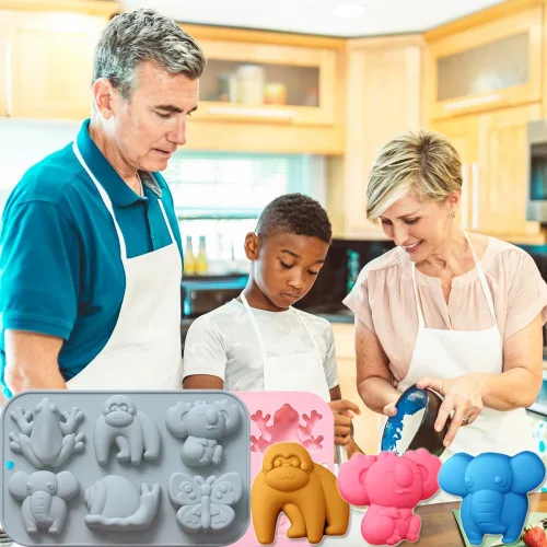 Miniatura 4 de Paquete de 2 moldes de silicona para chocolate, elefante, mono, rana, para pasteles, gomitas, gelatina, cubitos de hielo, decoración de pasteles