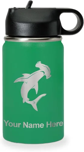 Miniatura 63 de LaserGram Botella de agua personalizada, tiburón martillo, acero inoxidable de doble pared aislada al vacío con popote superior, regalo grabado
