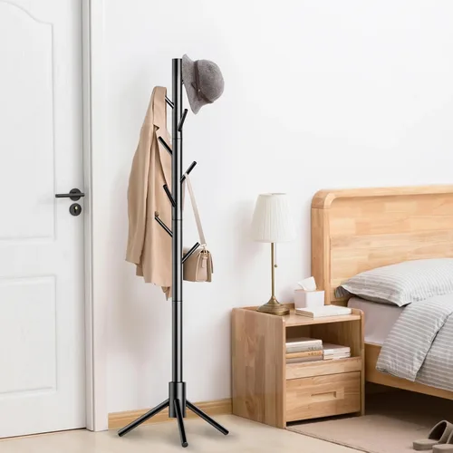 Miniatura 3 de Aliphon Perchero de madera, perchero independiente con 8 ganchos, árbol de abrigos ajustable de 3 tamaños para sombreros, abrigos, bufandas y Negro