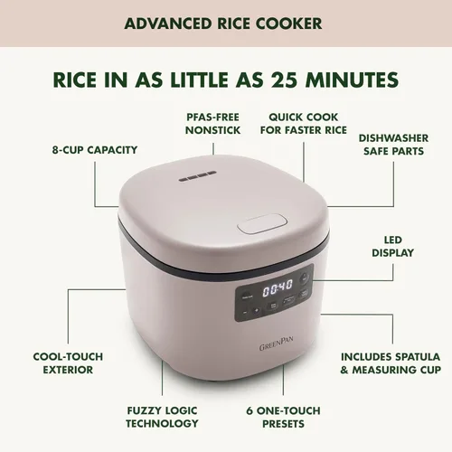 Miniatura 4 de GreenPan Olla arrocera avanzada, 4 tazas sin cocinar/8 tazas cocidas, olla antiadherente extraíble de cerámica sin PFAS, arroz blanco y marrón