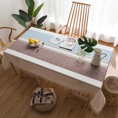 Miniatura 2 de Mantel rústico bordado con borla, lino de algodón sin arrugas, antidecoloración, lavable, a prueba de polvo, para comedor, cocina, fiesta, Azul