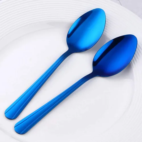 Miniatura 4 de MINGYU Juego de 12 cucharas de acero inoxidable, elegantes cucharas de sopa azules, cucharas de mesa de 7 pulgadas, cucharas de titanio