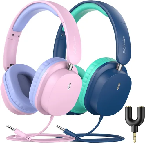 Miniatura 11 de Auriculares para niños en paquete de 5 unidades para la escuela, auriculares con micrófono HD y sonido estéreo sobre la oreja para el aula, ajuste
