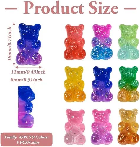 Miniatura 6 de Pandahall - 45 unidades de cabujones de oso gomoso de resina, coloridos dijes de oso de caramelo con parte trasera plana, dijes de uñas