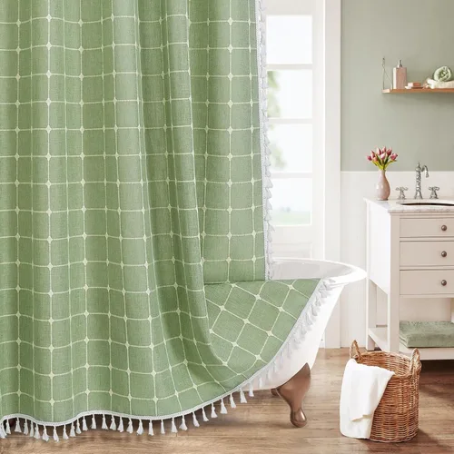 Miniatura 14 de MitoVilla Juego de cortinas de ducha estilo bohemio, modernas cortinas de ducha bohemias para decoración de baño, cortina de ducha de tela de lino